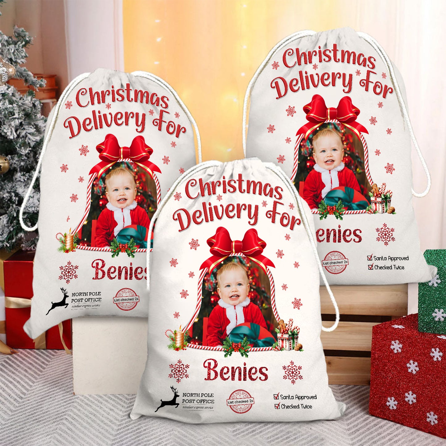 Custom Photo Christmas Bag Santa Sack - Customized Canvas Drawstring Bags