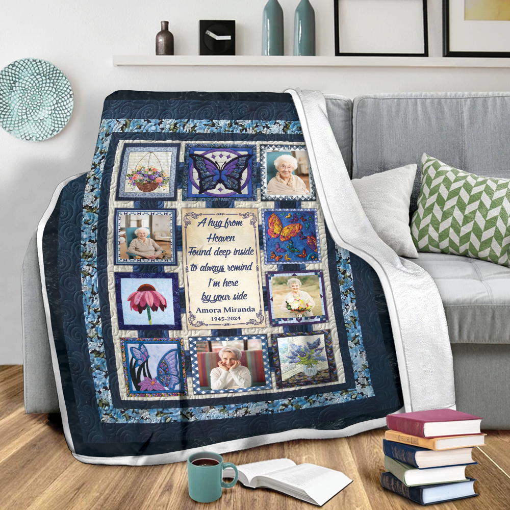 A Hug From Heaven Blue Photo - Memorial Personalized Custom Blanket Gift For Family Members