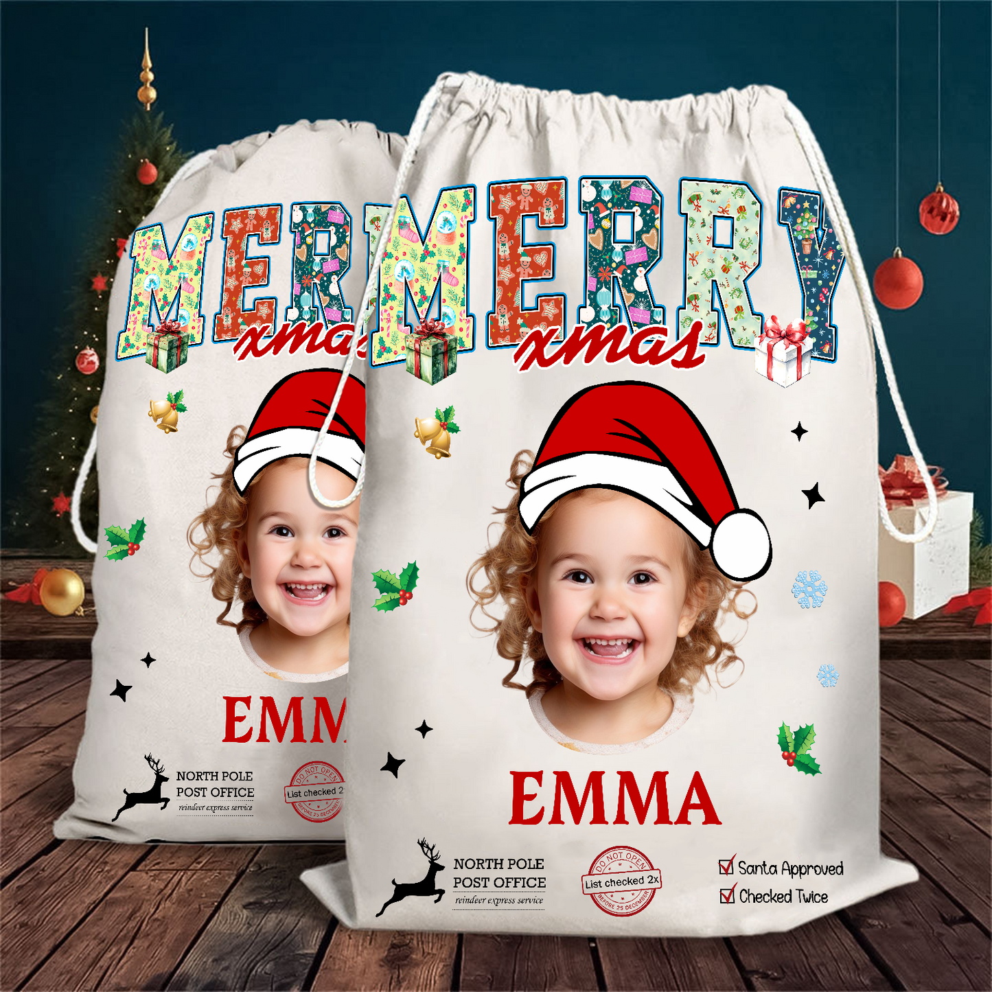 Merry Christmas Sack - Customized Canvas Drawstring Bags