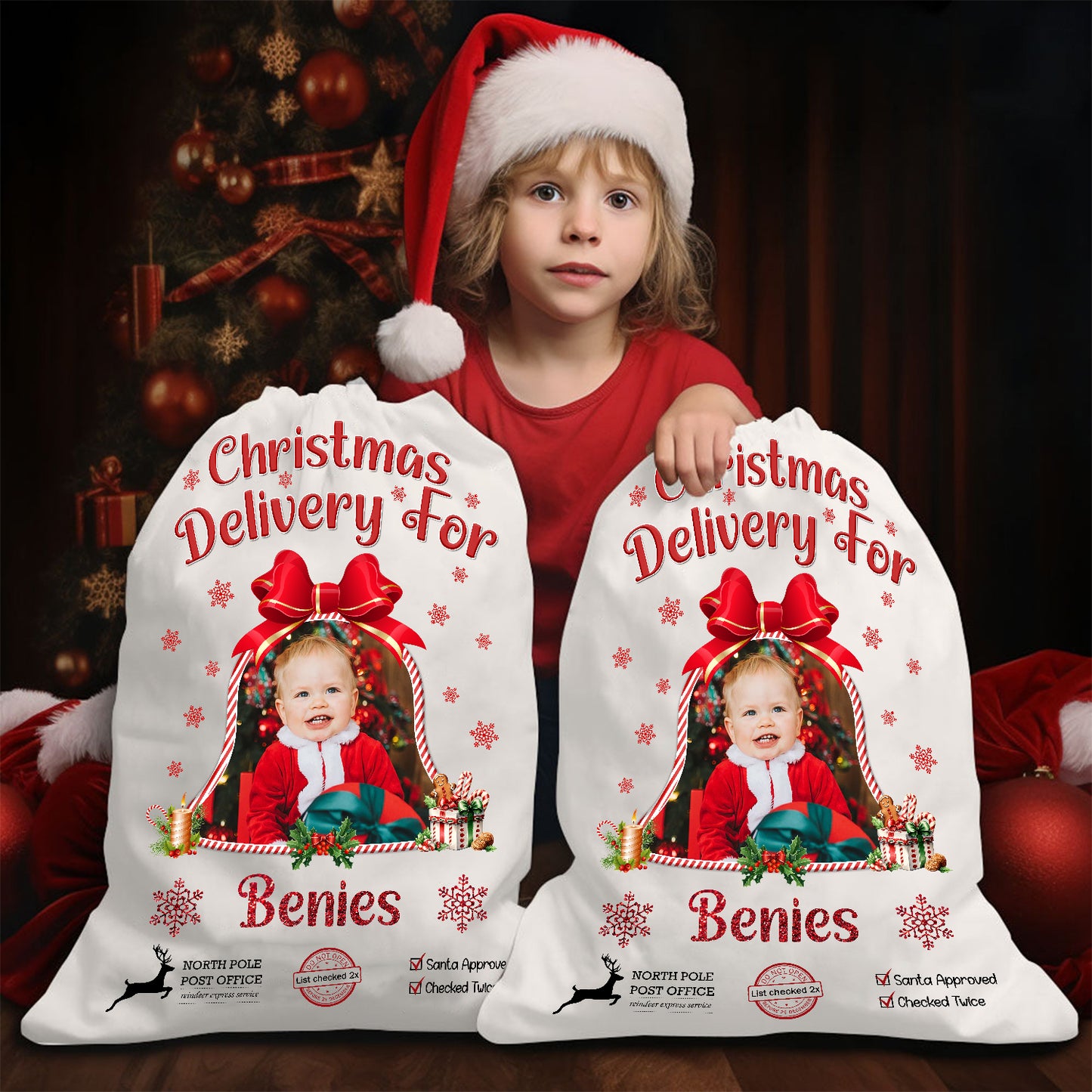 Custom Photo Christmas Bag Santa Sack - Customized Canvas Drawstring Bags