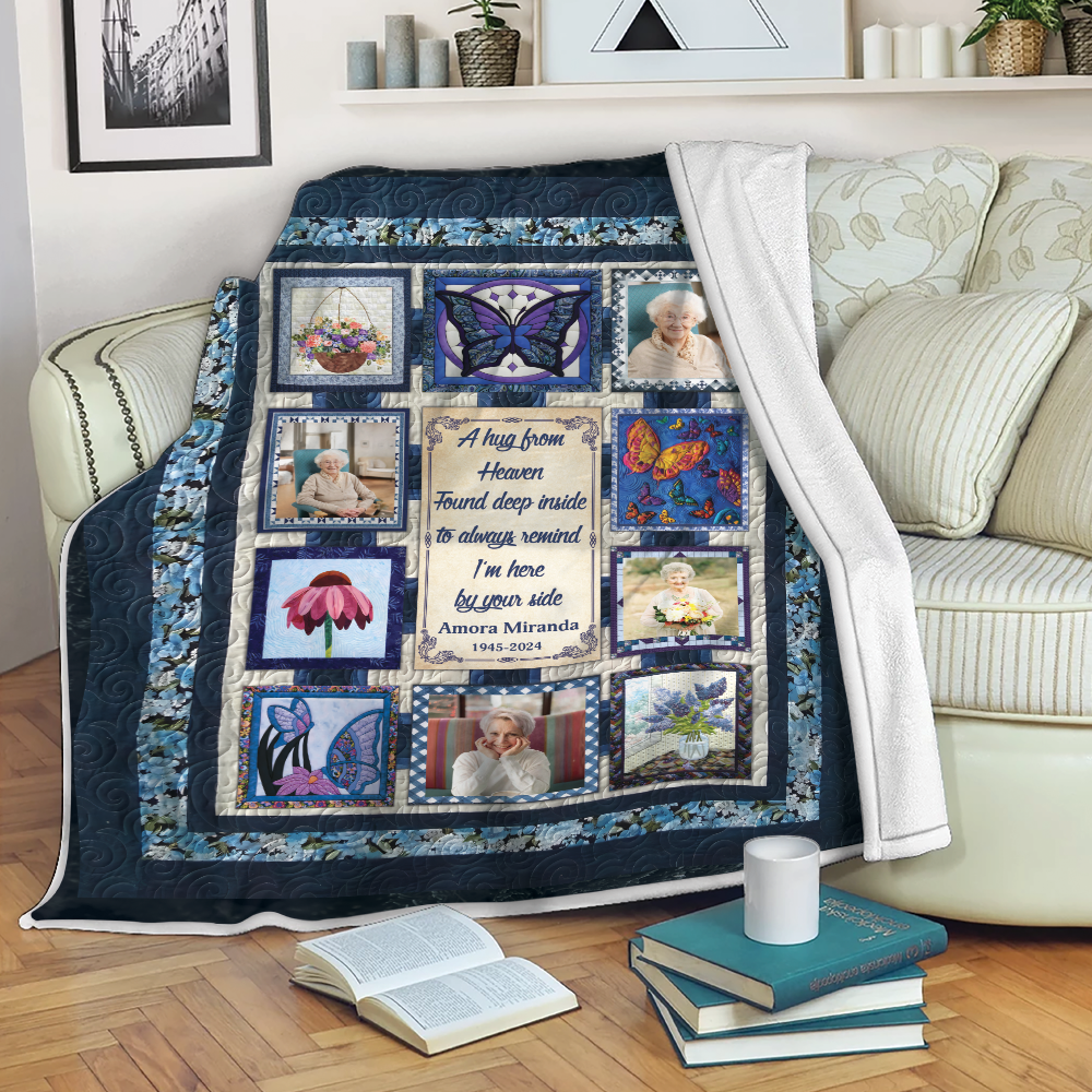 A Hug From Heaven Blue Photo - Memorial Personalized Custom Blanket Gift For Family Members