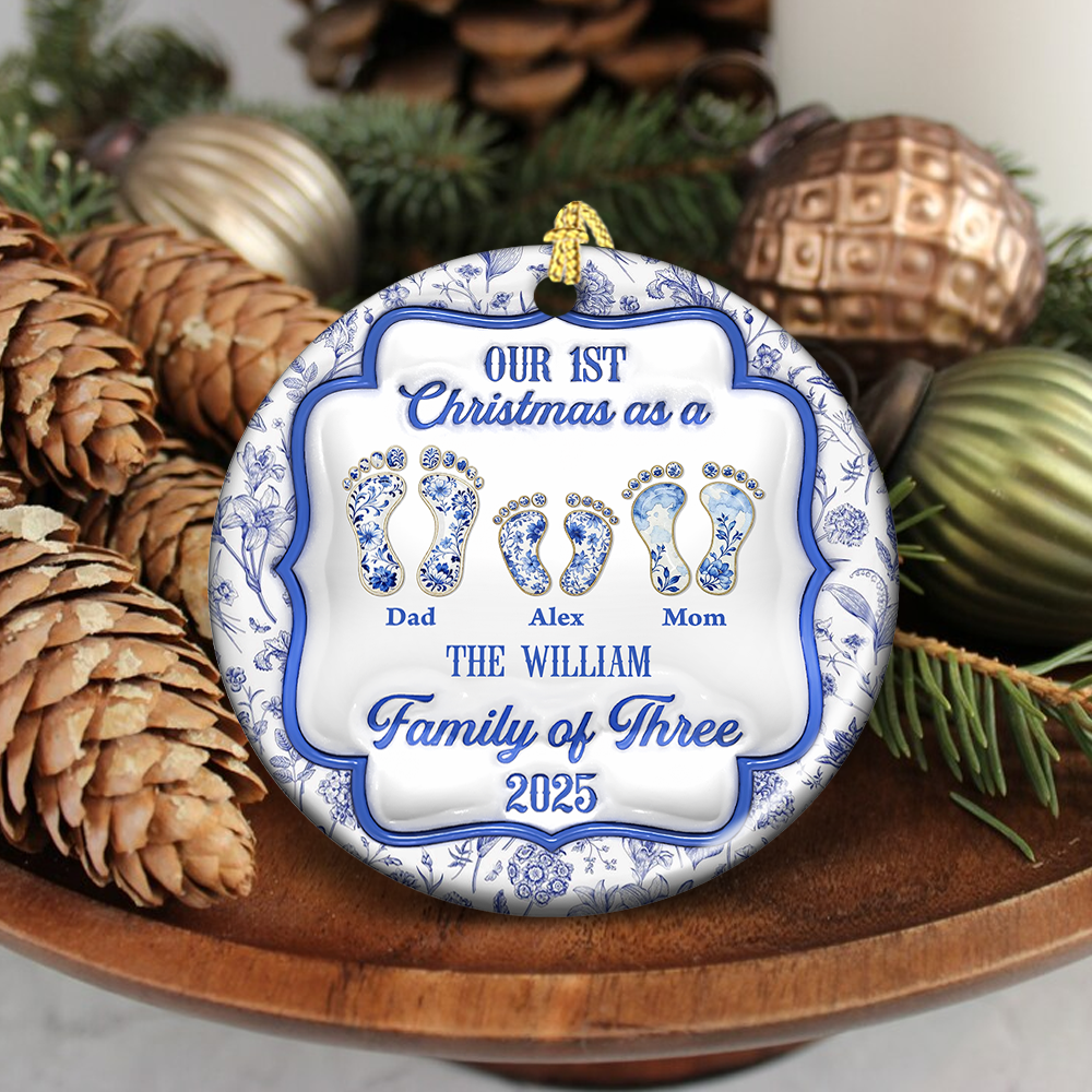 First Christmas Family - Custom Ceramic Ornament Christmas Gift - 3D Effect Ornament