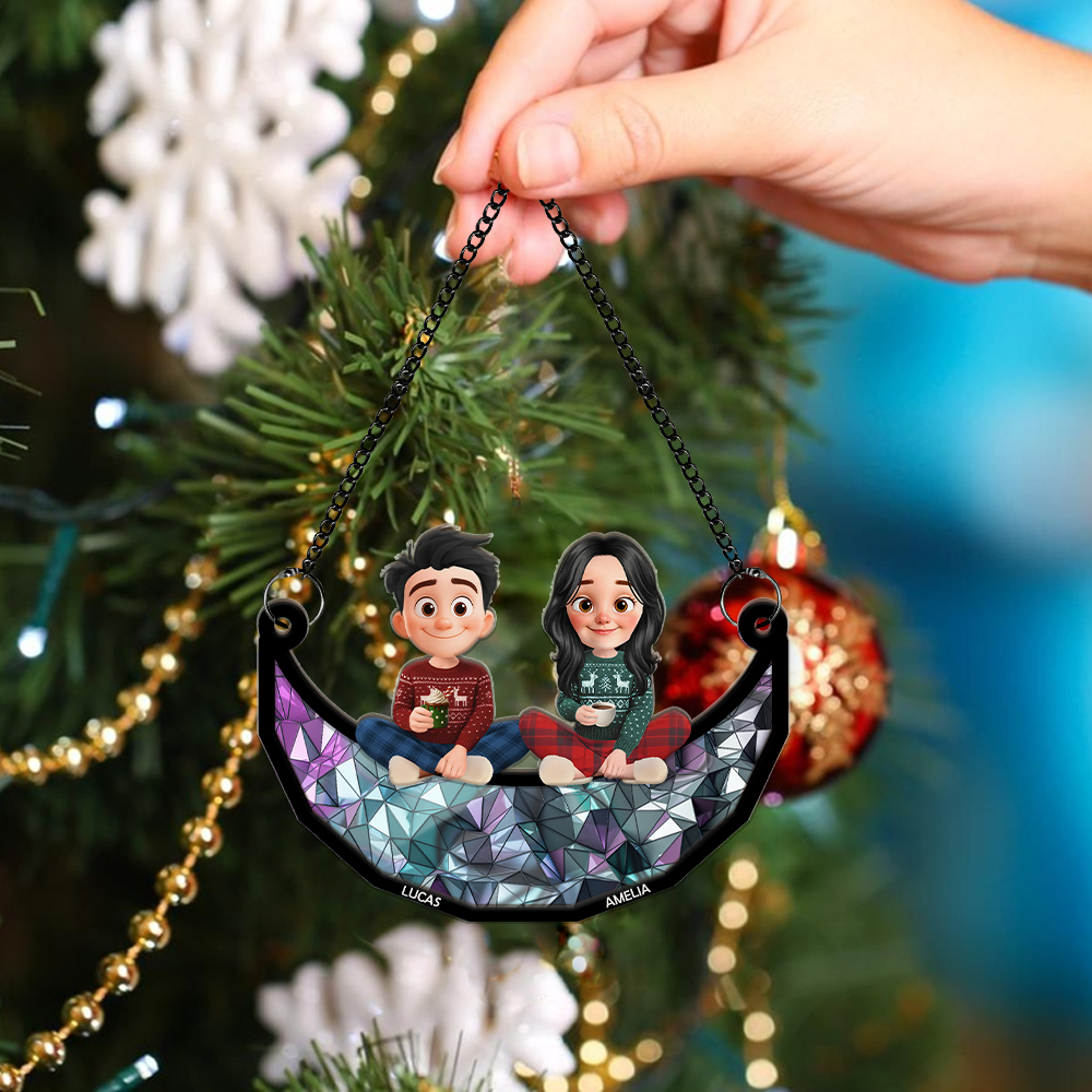 Together Forever Sitting On The Moon - Custom Double Layer Wooden Ornament