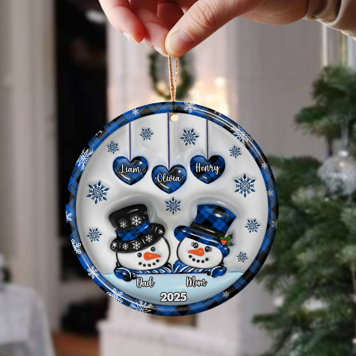 Our Family Snowman- Custom Ceramic Ornament Christmas Gift - 3D Effect Ornament