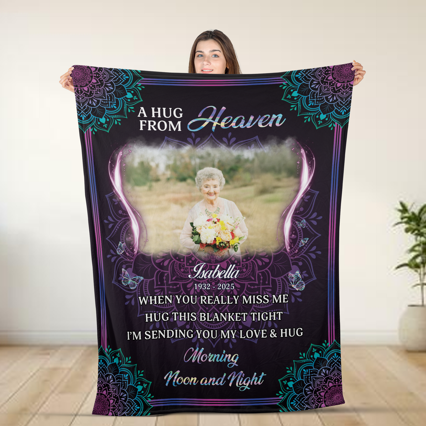 A Hug From Heaven Mandala Photo - Memorial Personalized Custom Blanket