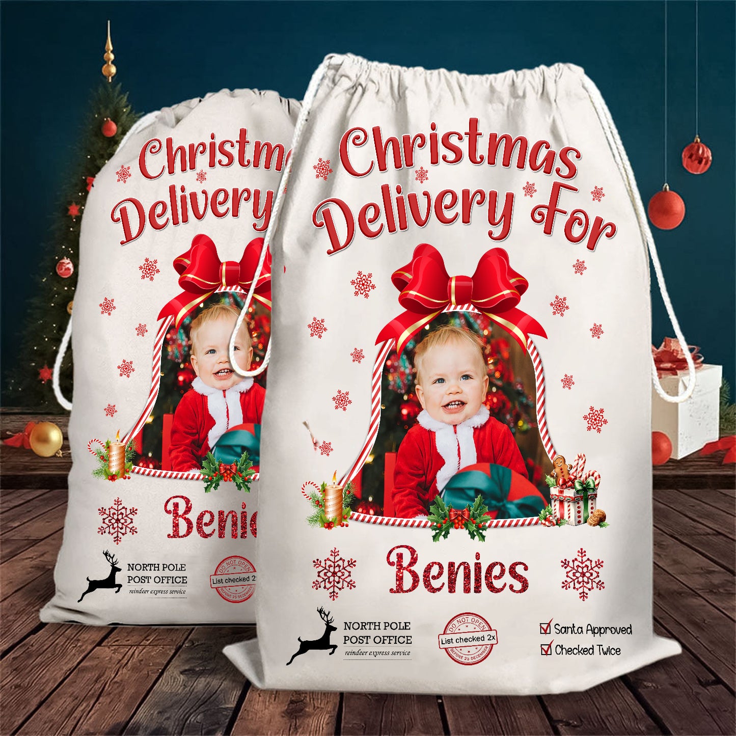 Custom Photo Christmas Bag Santa Sack - Customized Canvas Drawstring Bags