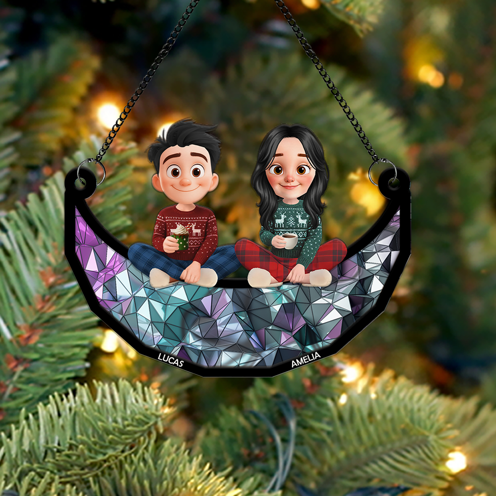 Together Forever Sitting On The Moon - Custom Double Layer Wooden Ornament