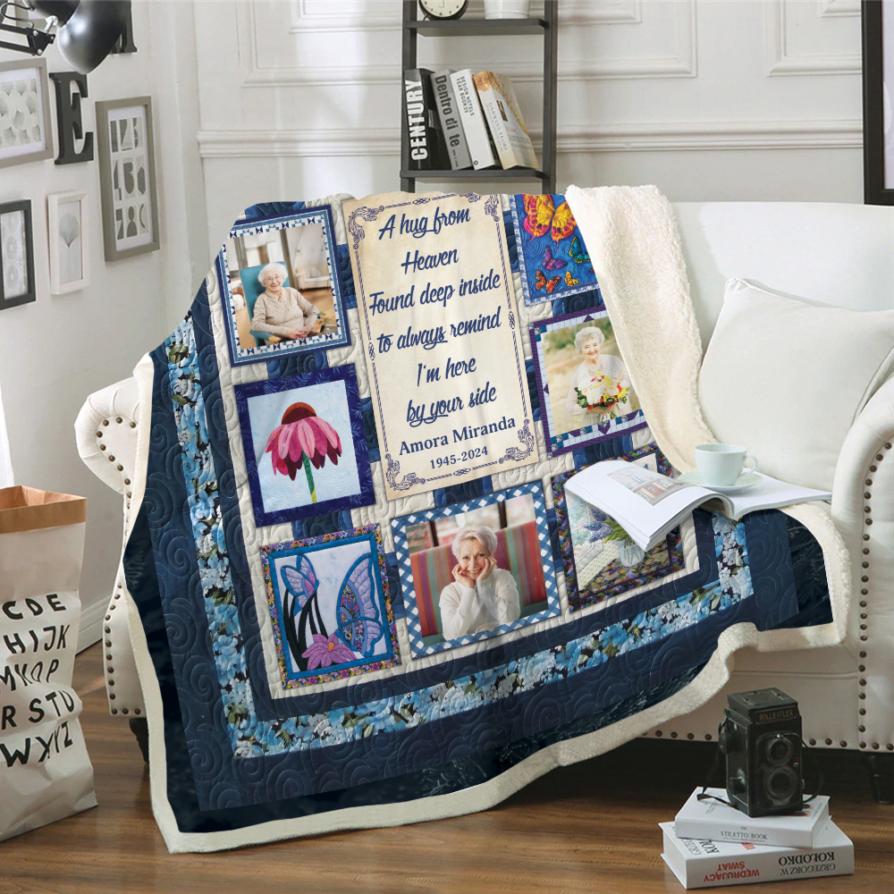 A Hug From Heaven Blue Photo - Memorial Personalized Custom Blanket Gift For Family Members