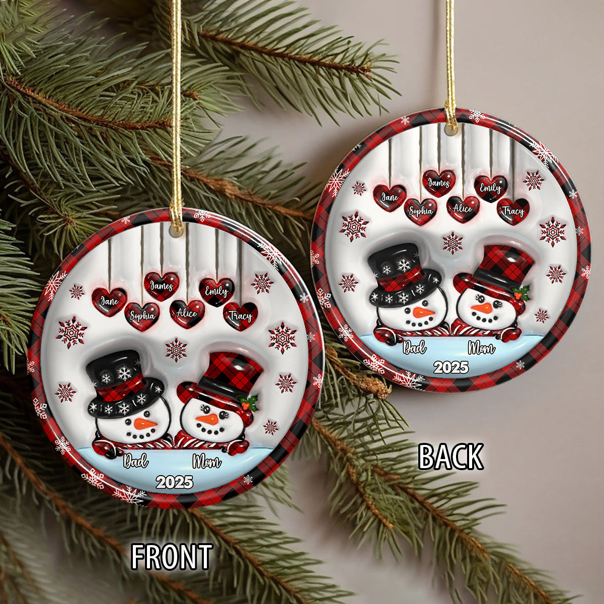 Our Family Snowman- Custom Ceramic Ornament Christmas Gift - 3D Effect Ornament