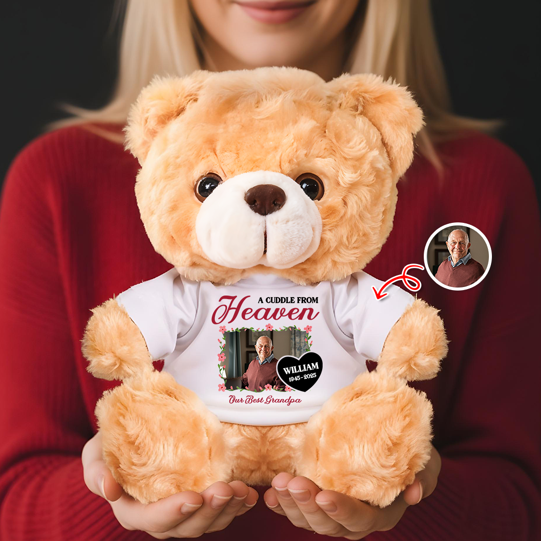 A Cuddle From Heaven Heart - Memorial Personalized Custom Teddy Bear Plush, Sympathy Gift for Family Loss or Pet Loss, Remembrance Bear