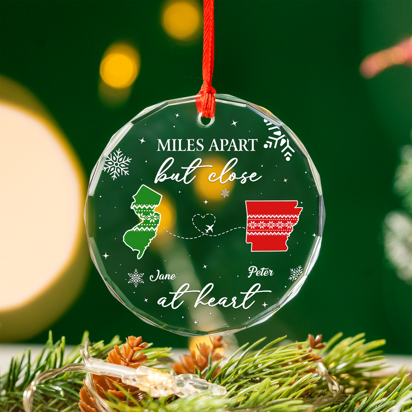 Miles Apart Christmas Long Distance - Personalized Custom Glass Ornament