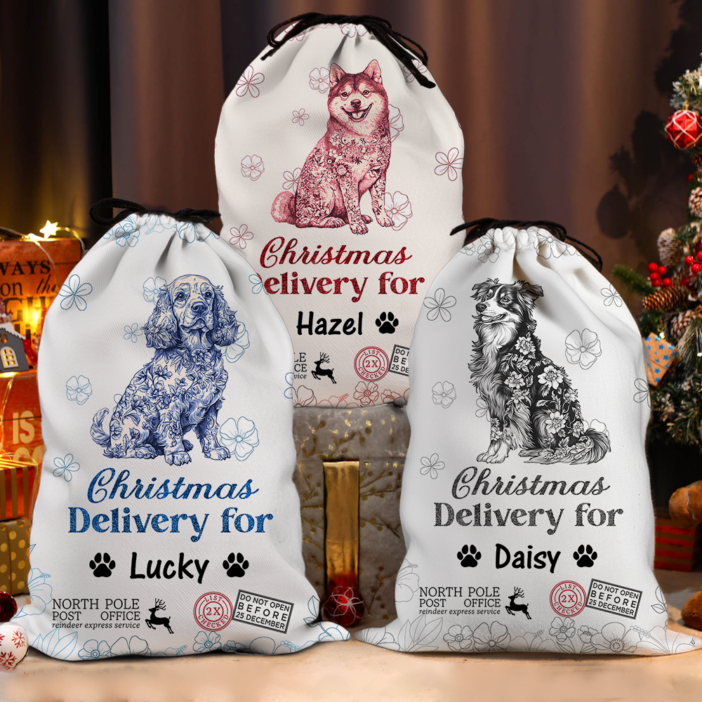 Merry Christmas Puppy Christmas Sack - Customized Canvas Drawstring Bags
