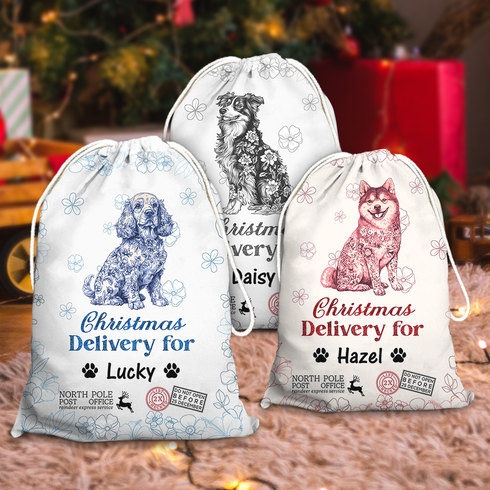 Merry Christmas Puppy Christmas Sack - Customized Canvas Drawstring Bags