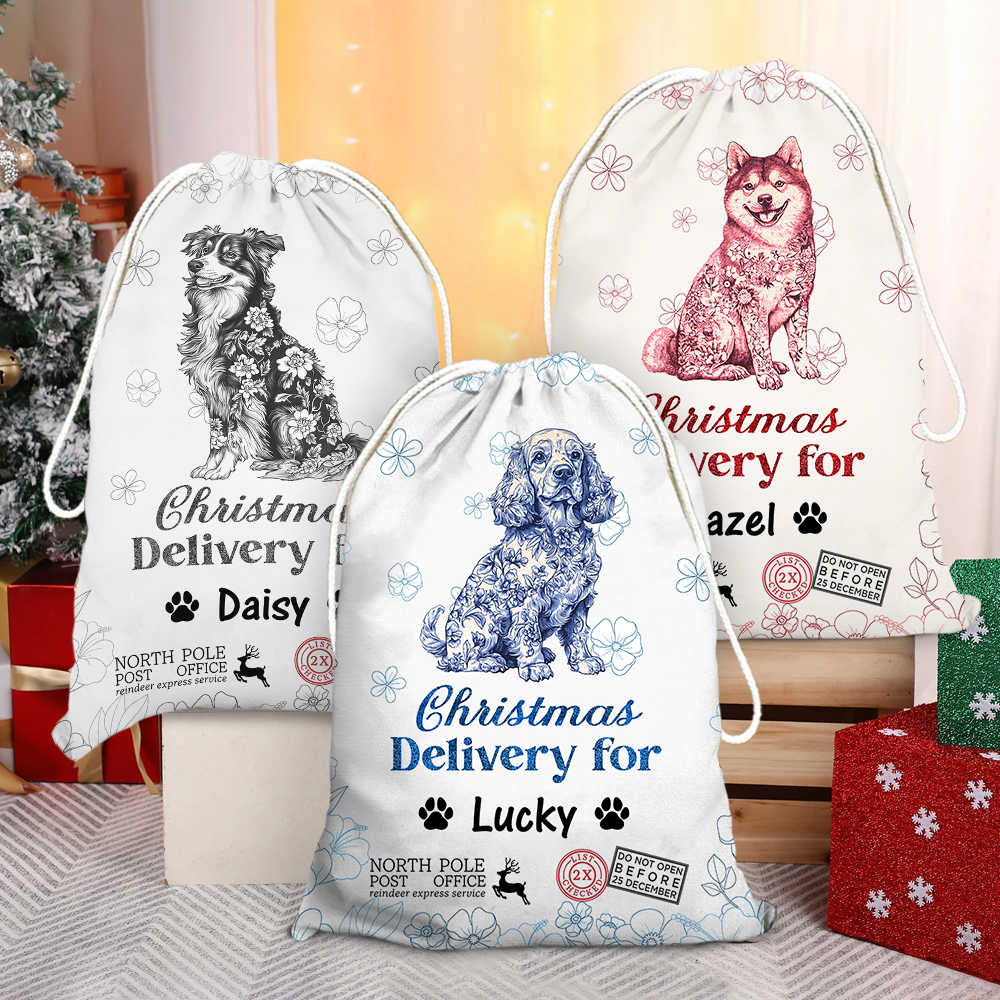 Merry Christmas Puppy Christmas Sack - Customized Canvas Drawstring Bags