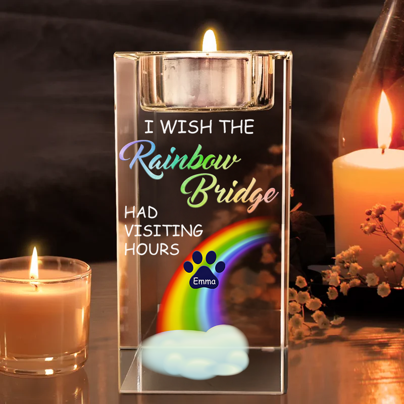 A Piece Of My Heart Is At The Rainbow Bridge Gift For Pet Owners, Pet Lovers - Personalized Crystal Candle Holder