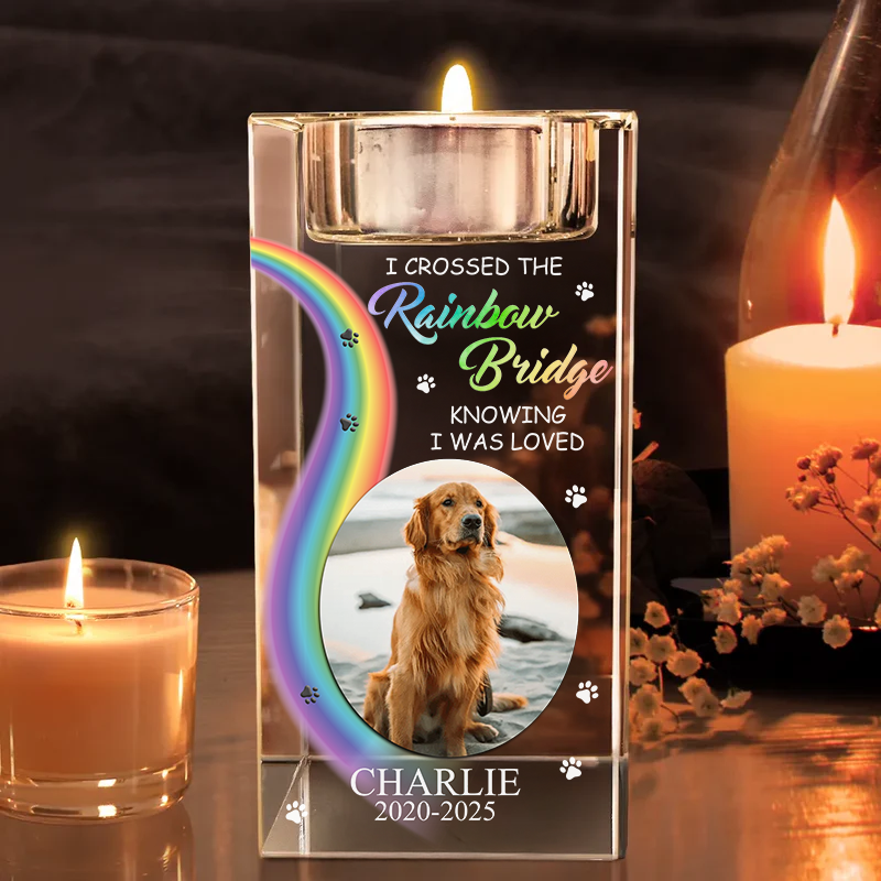 Crossed The RainBow Bridge - Personalized Crystal Candle Holder