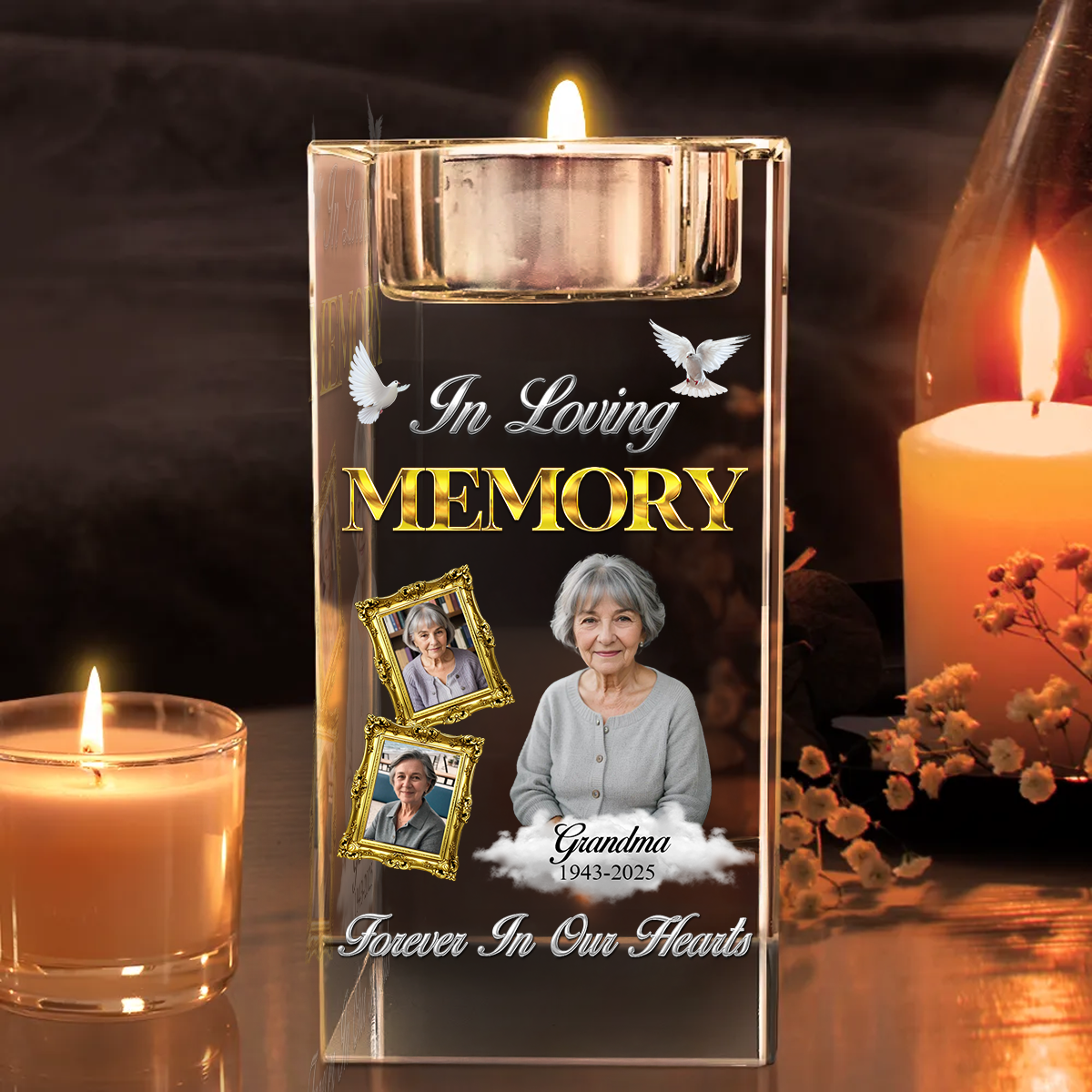 In Loving Memory Gold - Personalized Crystal Candle Holder