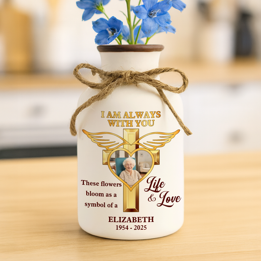 I Am Always With You Cross Ceramic Flower Pot – Memorial Planter, In Loving Memory Gift