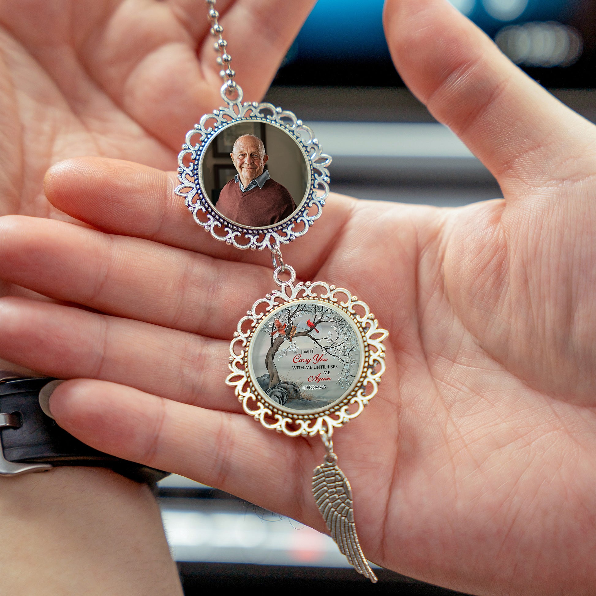 Custom Photo Memorial Gift - Personalized Photo Car Ornament With Charm