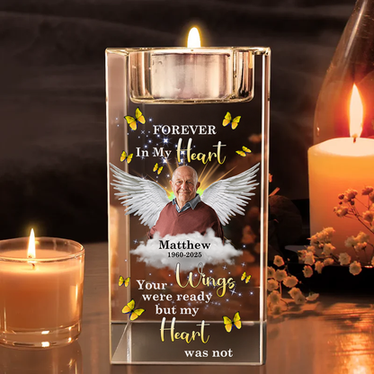 Wings Forever In My Heart - Personalized Crystal Candle Holder