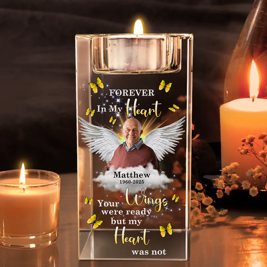 Wings Forever In My Heart - Personalized Crystal Candle Holder