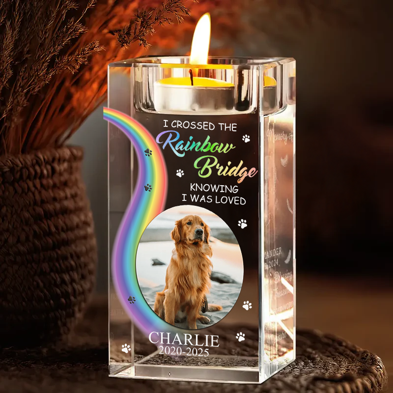 Crossed The RainBow Bridge - Personalized Crystal Candle Holder