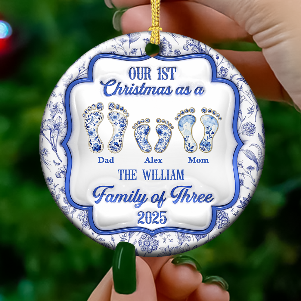 First Christmas Family - Custom Ceramic Ornament Christmas Gift - 3D Effect Ornament