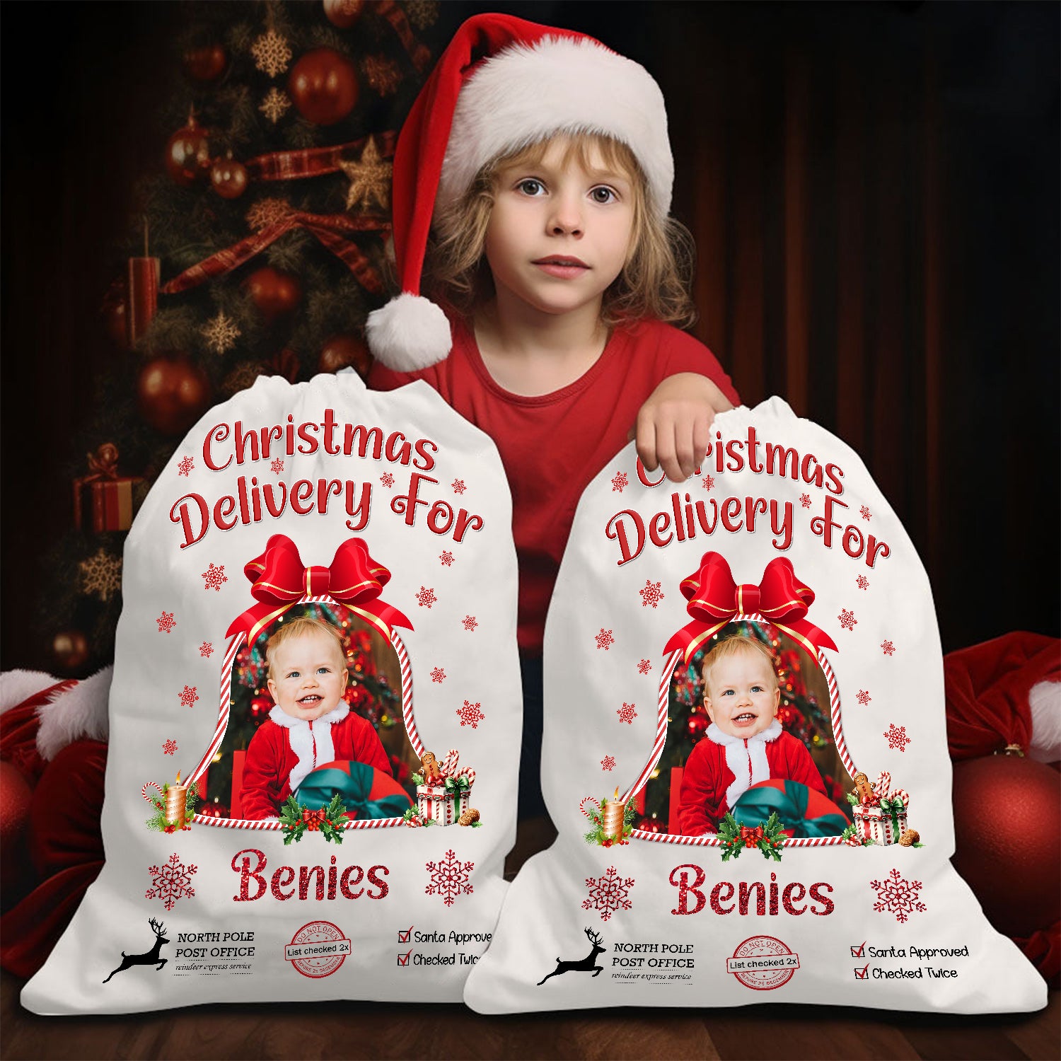 Custom Photo Christmas Bag Santa Sack - Customized Canvas Drawstring Bags