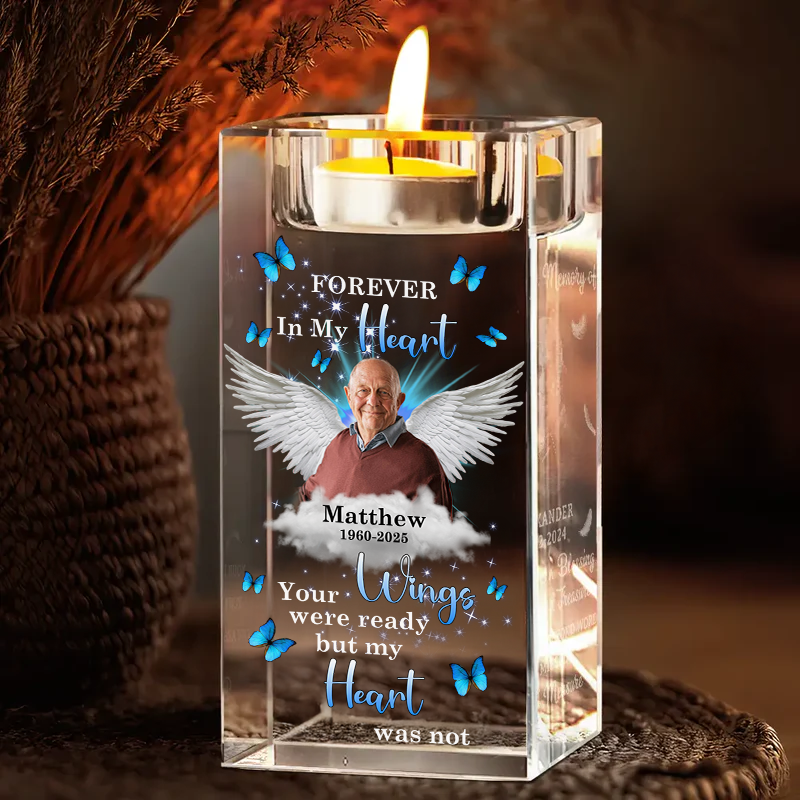 Wings Forever In My Heart - Personalized Crystal Candle Holder