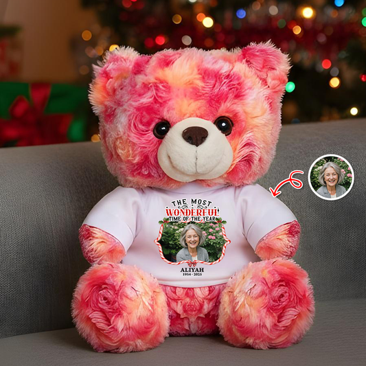 The Most Wonderful Time Personalized Teddy Bear Plush, Custom Photo Message Comfort Bear, Personalized Soft Toy, Bear Hug Gift for Christmas or Any Occasion