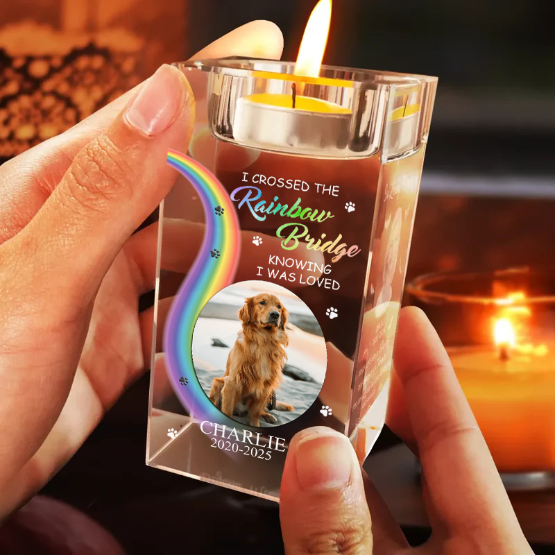 Crossed The RainBow Bridge - Personalized Crystal Candle Holder