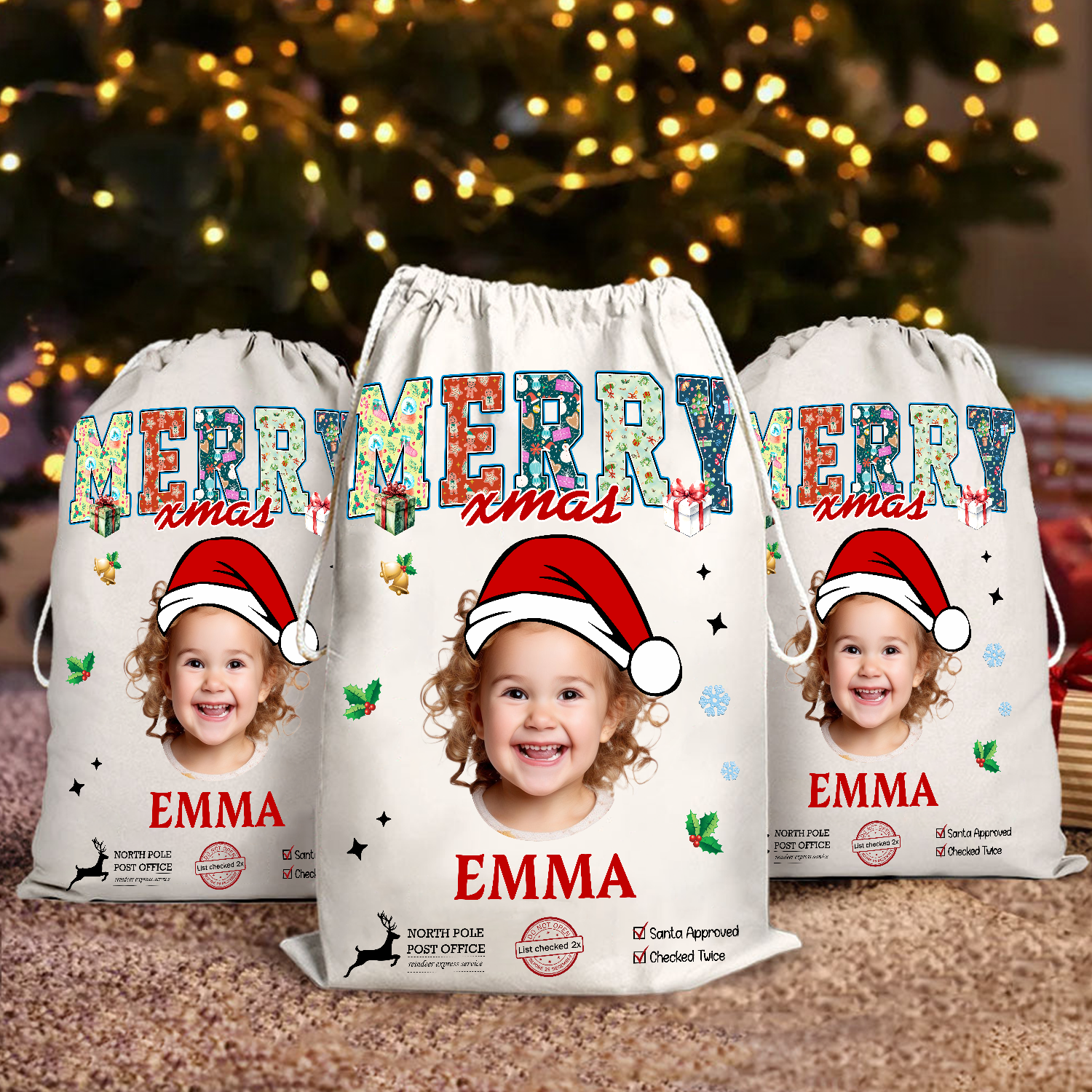 Merry Christmas Sack - Customized Canvas Drawstring Bags