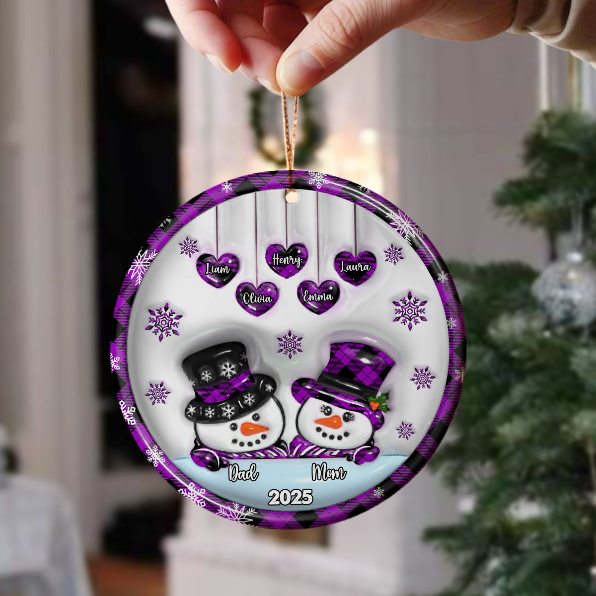 Our Family Snowman- Custom Ceramic Ornament Christmas Gift - 3D Effect Ornament