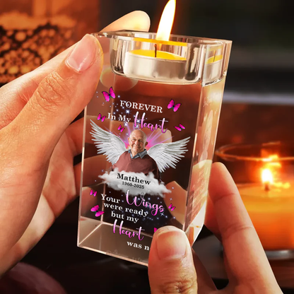 Wings Forever In My Heart - Personalized Crystal Candle Holder