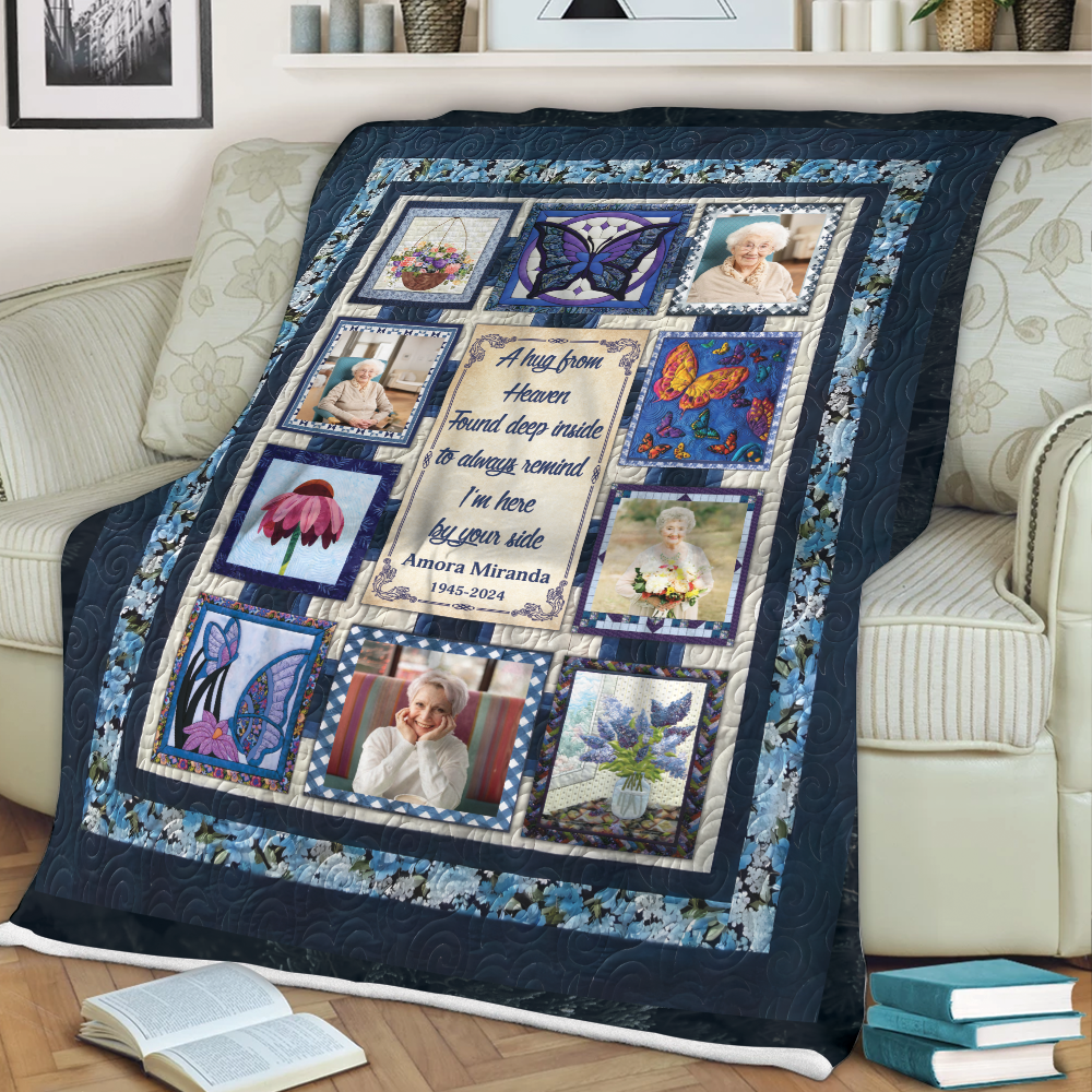 A Hug From Heaven Blue Photo - Memorial Personalized Custom Blanket Gift For Family Members