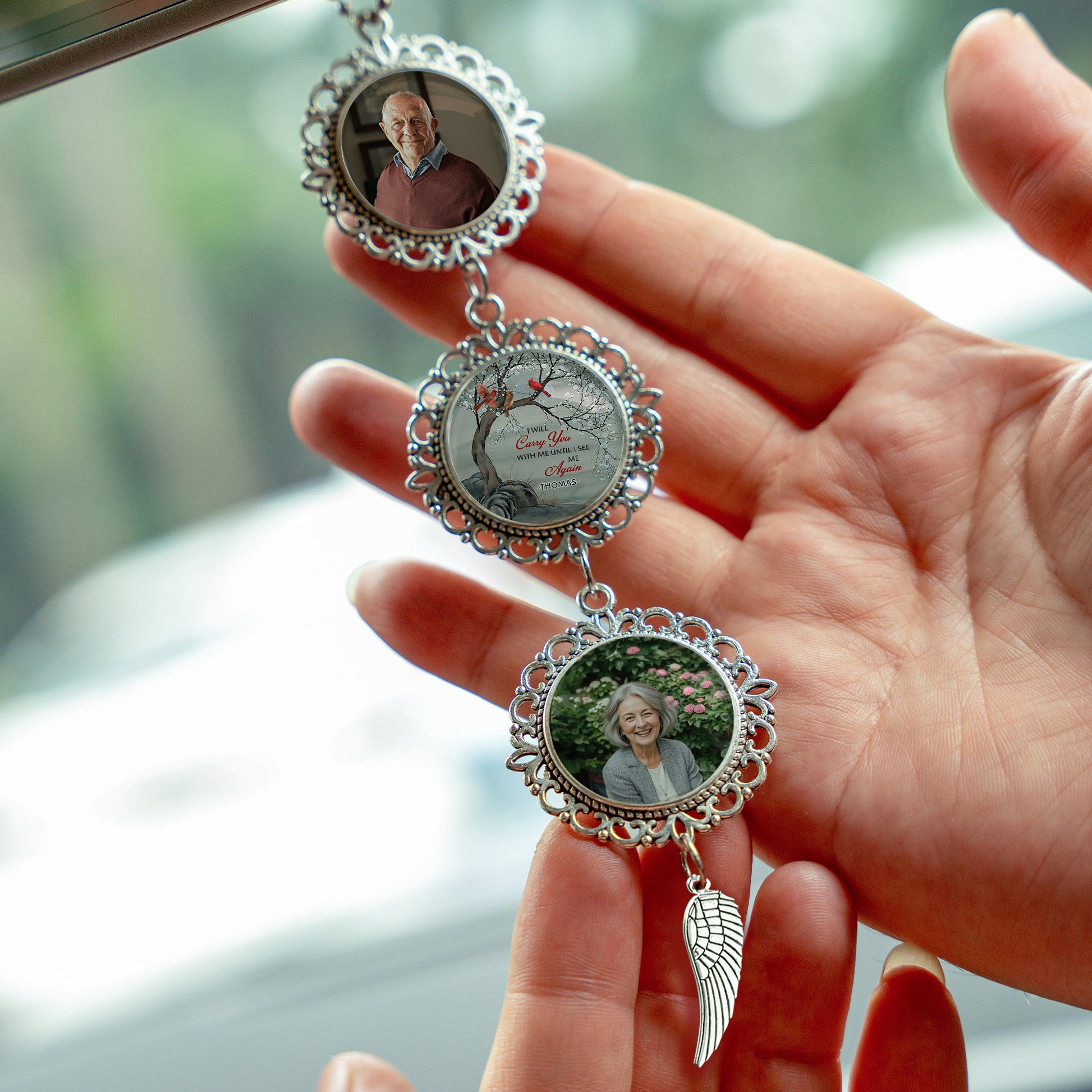 Custom Photo Memorial Gift - Personalized Photo Car Ornament With Charm