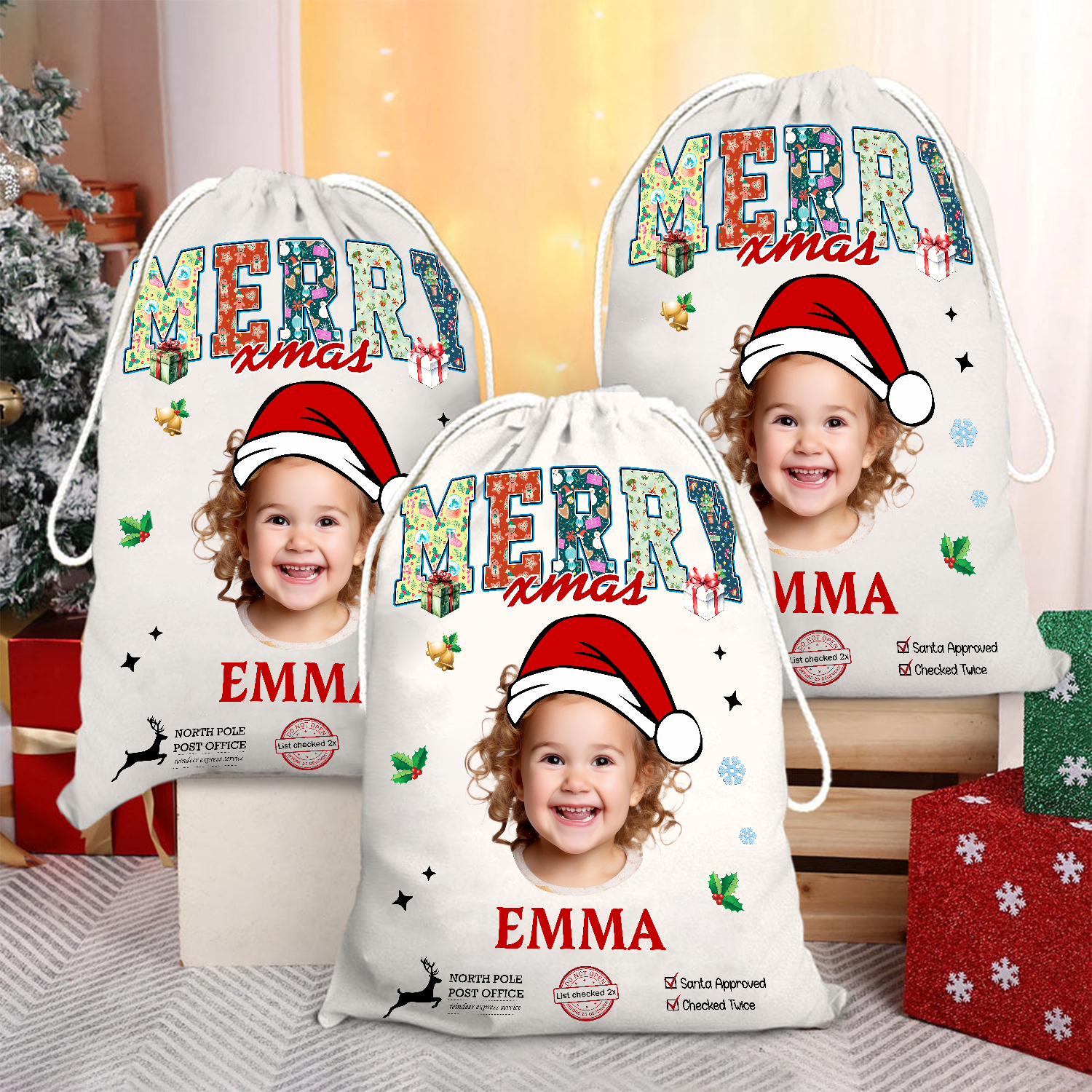 Merry Christmas Sack - Customized Canvas Drawstring Bags