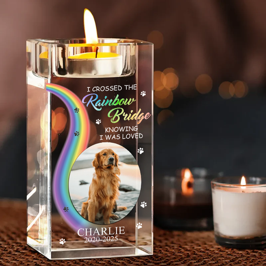 Crossed The RainBow Bridge - Personalized Crystal Candle Holder