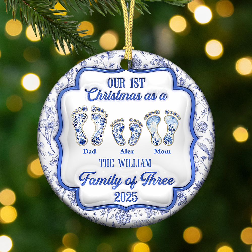 First Christmas Family - Custom Ceramic Ornament Christmas Gift - 3D Effect Ornament