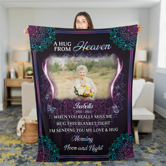 A Hug From Heaven Mandala Photo - Memorial Personalized Custom Blanket