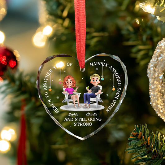 Another Year Of Happily Heart - Personalized Custom Glass Ornament