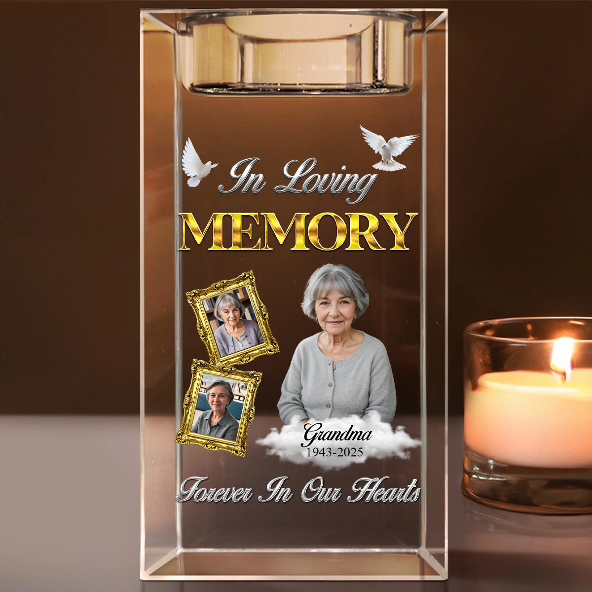 In Loving Memory Gold - Personalized Crystal Candle Holder