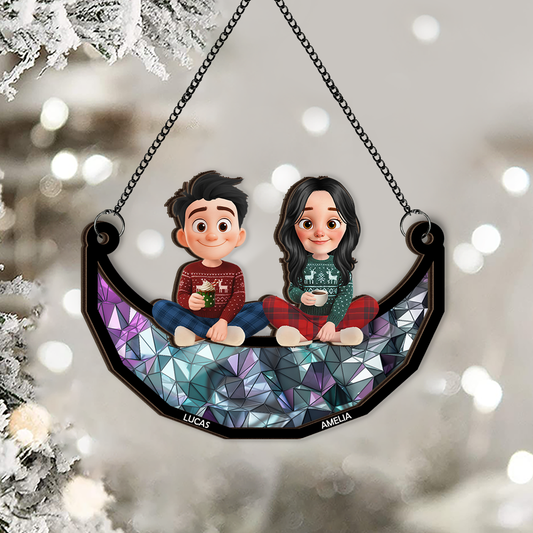 Together Forever Sitting On The Moon - Custom Double Layer Wooden Ornament