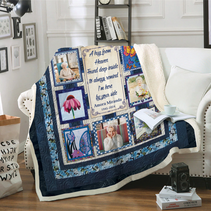 A Hug From Heaven Blue Photo - Memorial Personalized Custom Blanket Gift For Family Members
