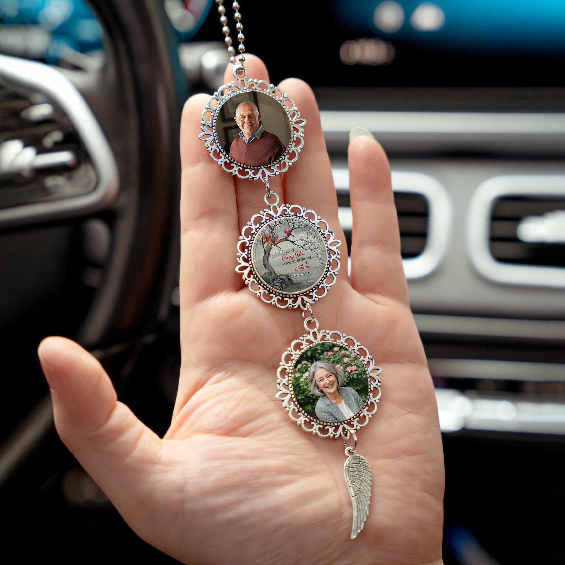 Custom Photo Memorial Gift - Personalized Photo Car Ornament With Charm
