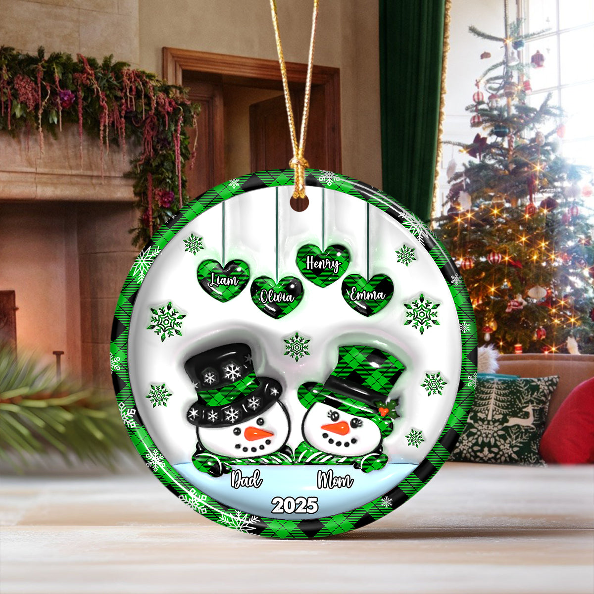 Our Family Snowman- Custom Ceramic Ornament Christmas Gift - 3D Effect Ornament