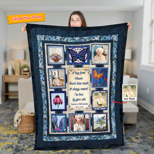 A Hug From Heaven Blue Photo - Memorial Personalized Custom Blanket Gift For Family Members