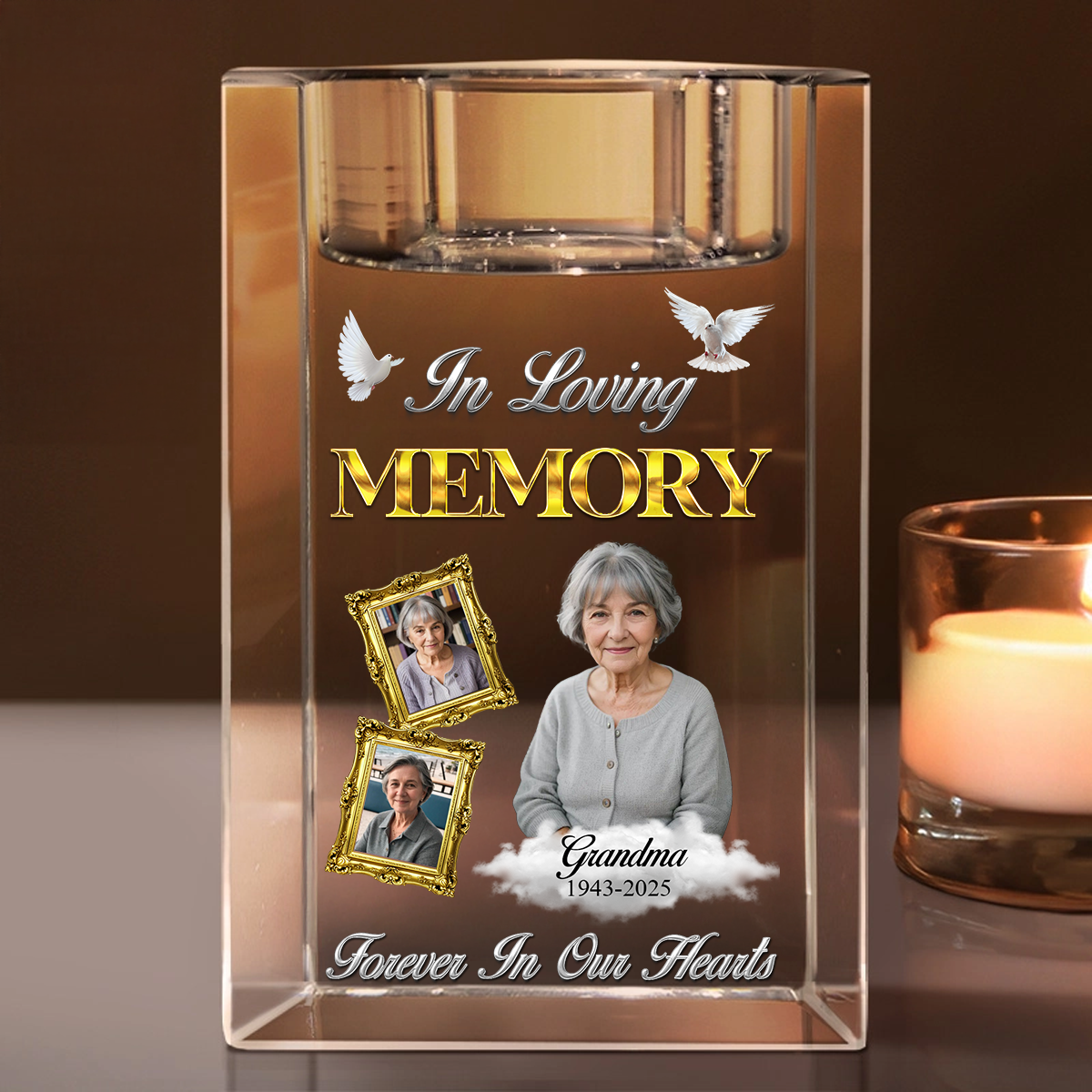 In Loving Memory Gold - Personalized Crystal Candle Holder